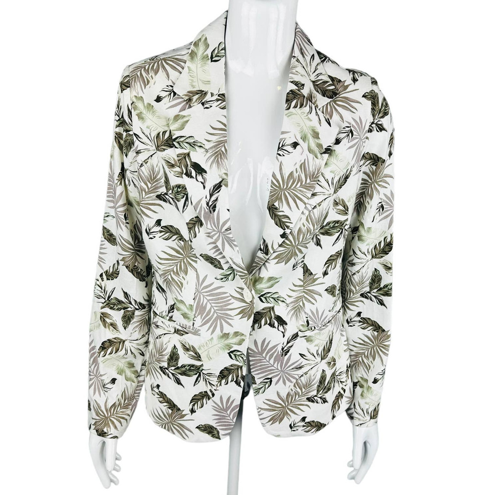 New Solitaire Womans Small Blazer‎ White Green Linen Floral Long Sleeve NWT